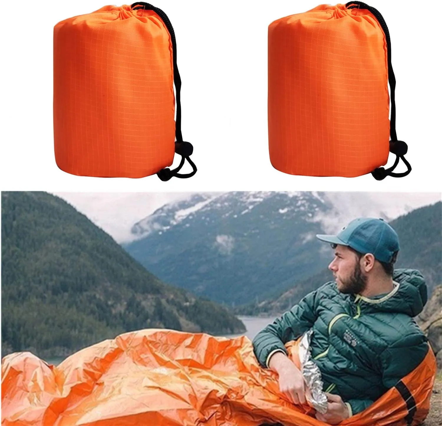 2 Pack Emergency Sleeping Bag, Mylar Emergency Blanket, Waterproof Lightweight Survival Shelter Blanket, Portable Survival Thermal Bivy Sack for Outdoor Camping Hiking Adventure