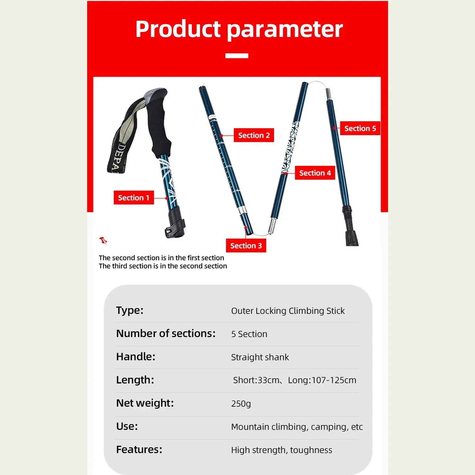 5 Section Outdoor Fold Trekking Pole Camping Portable Walking Hiking Stick For Nordic Elderly Telescopic Easy Put Into Bag 1 PCS