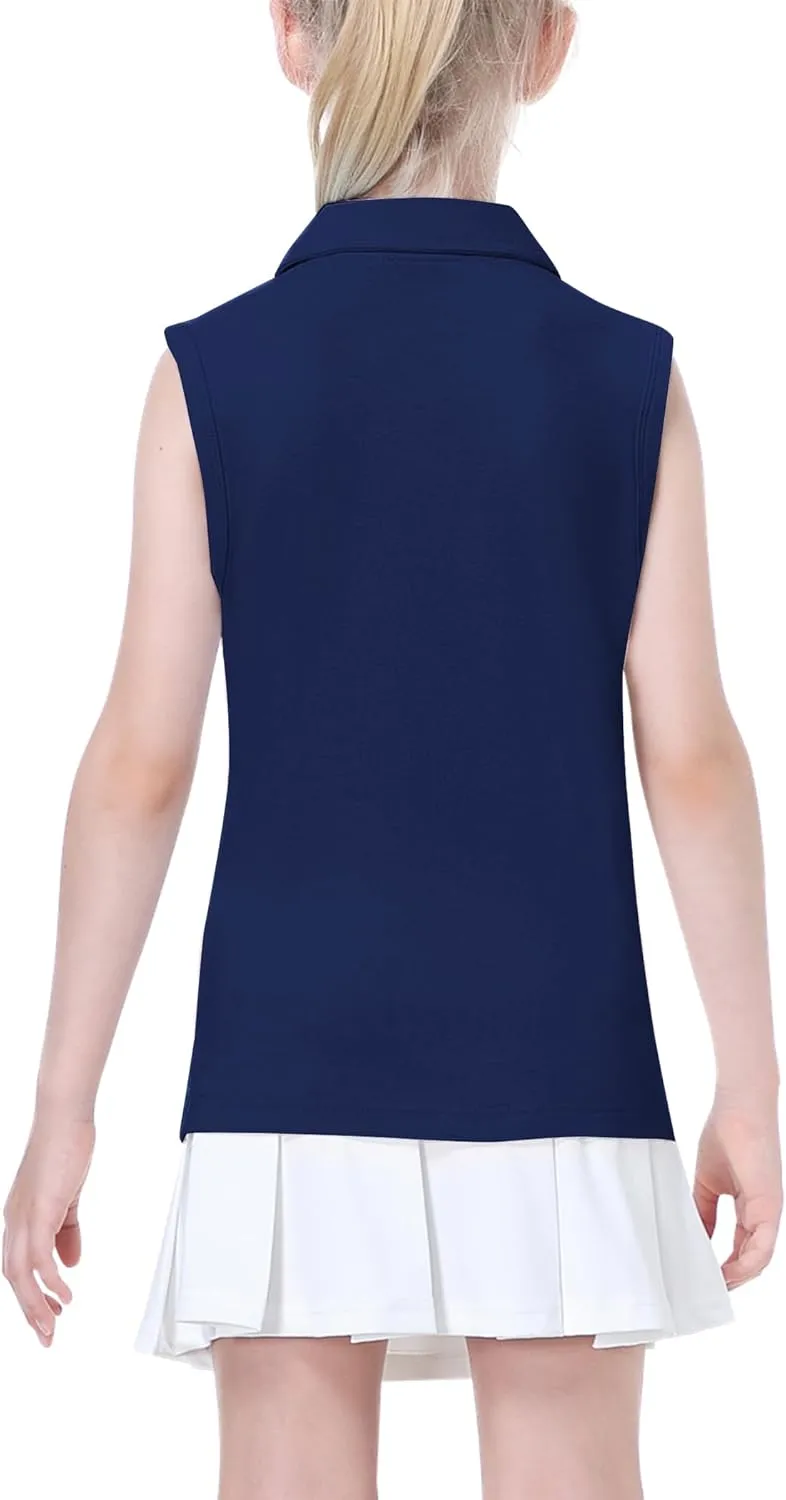 EXARUS Girls' Golf Polo Tennis Shirts Sleeveless Kids V-Neck Equestrian Tank Tops UPF 50  Quick Dry Golf Clothes