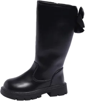 Girl's Knee High Winter Boots Bowknot Warm Faux Fur Lined Snow Boots Low Heels Lug Sole Riding Boot with Side Zipper