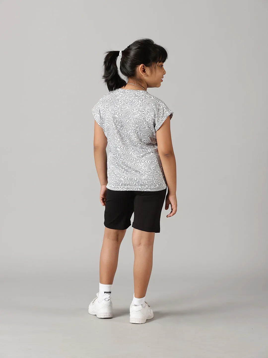 Girls Round Neck Basic Sports Tee & Cycling Shorts  Set