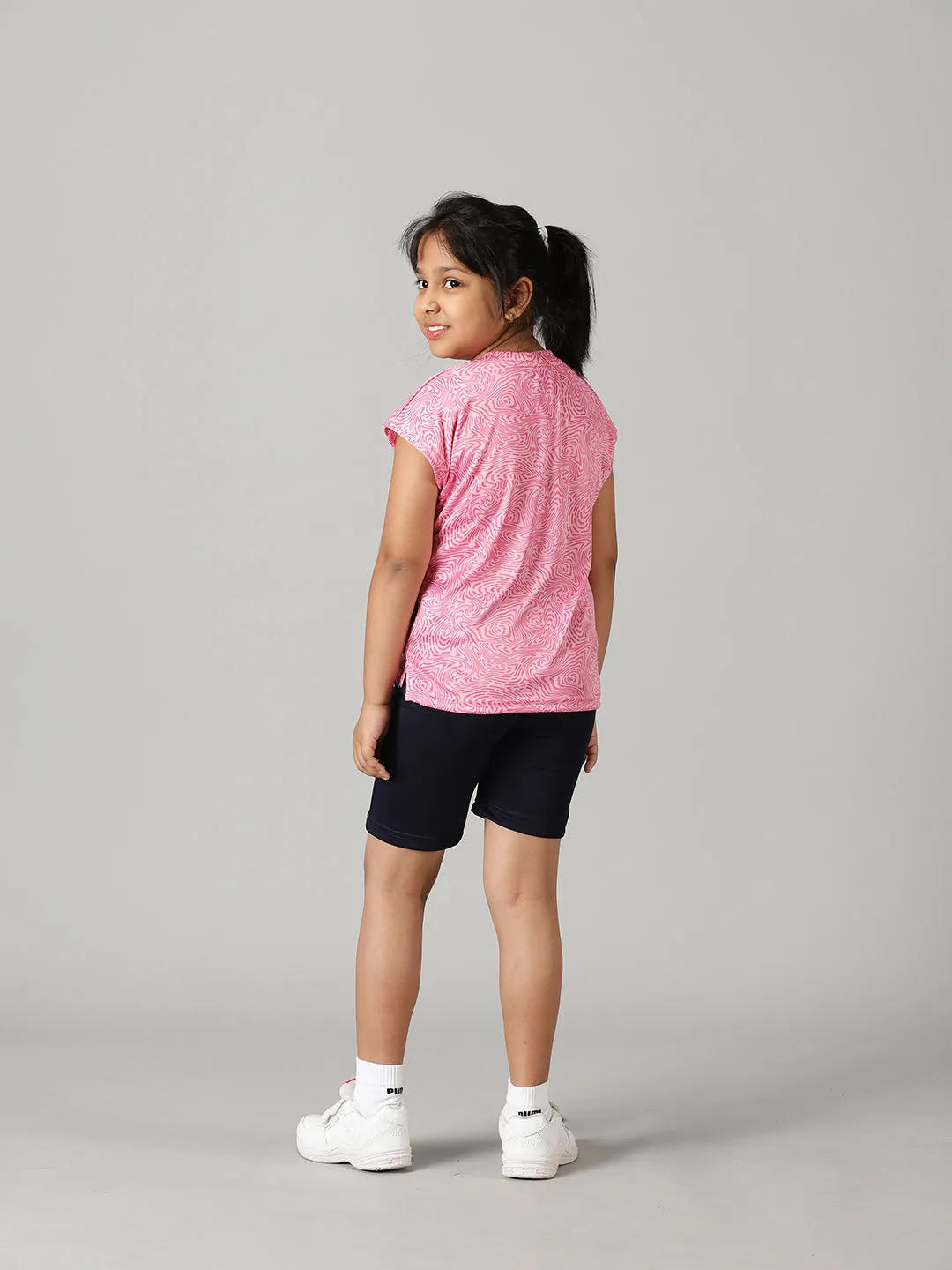 Girls Round Neck Basic Sports Tee & Cycling Shorts  Set