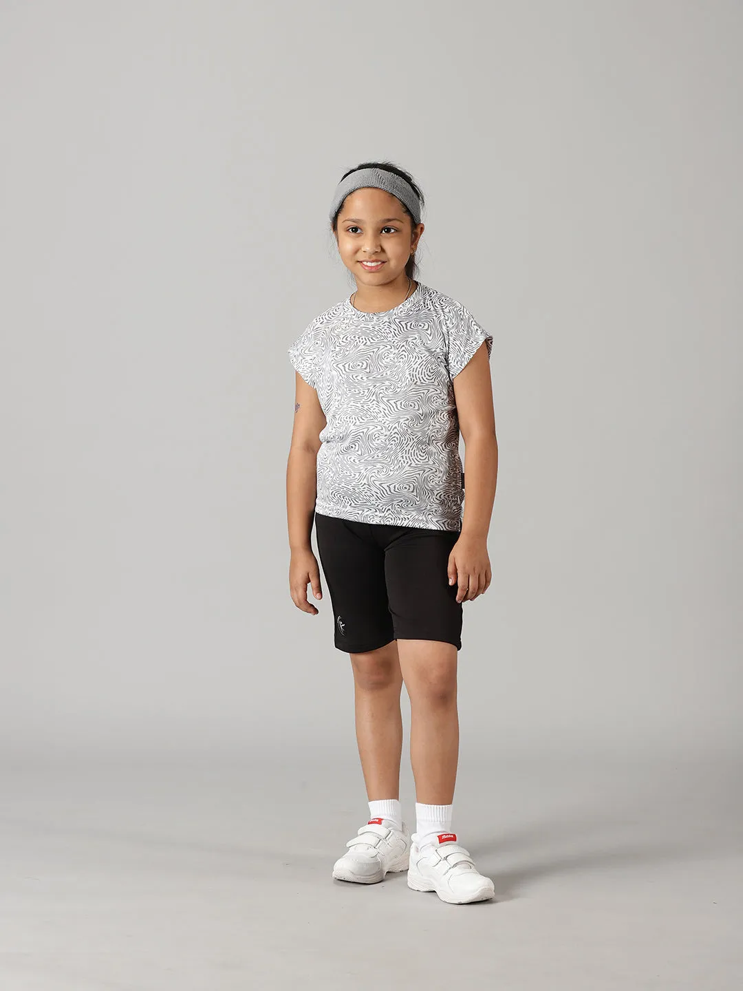 Girls Round Neck Basic Sports Tee & Cycling Shorts  Set