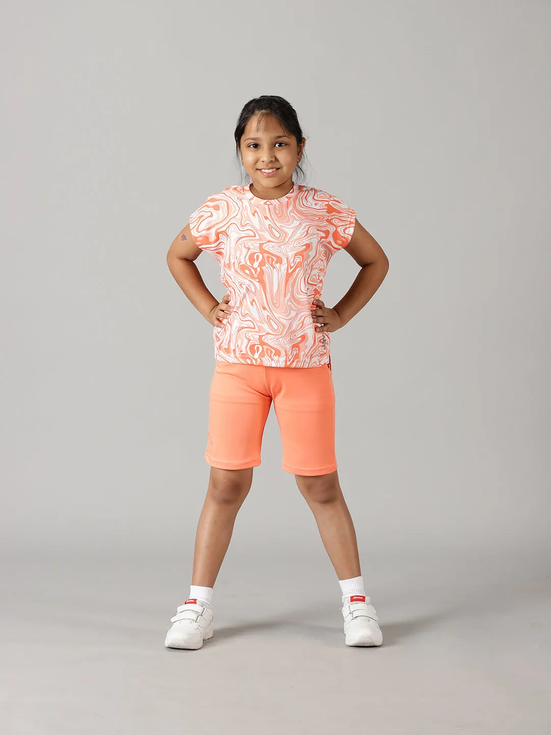 Girls Round Neck Basic Sports Tee & Cycling Shorts  Set