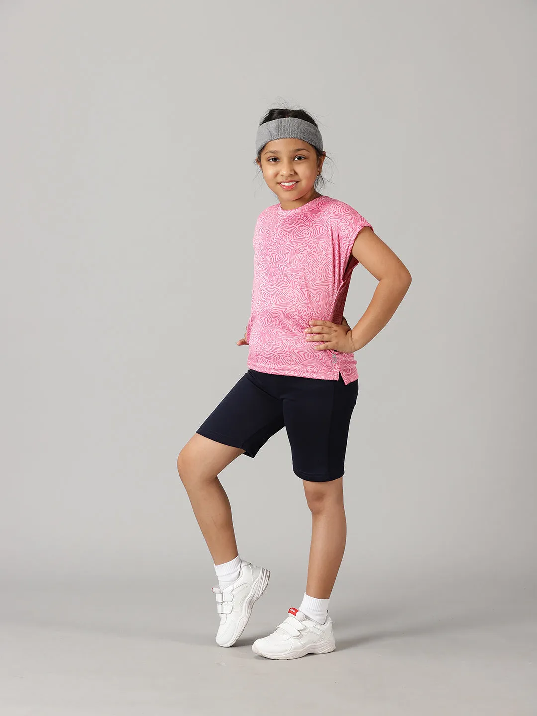Girls Round Neck Basic Sports Tee & Cycling Shorts  Set