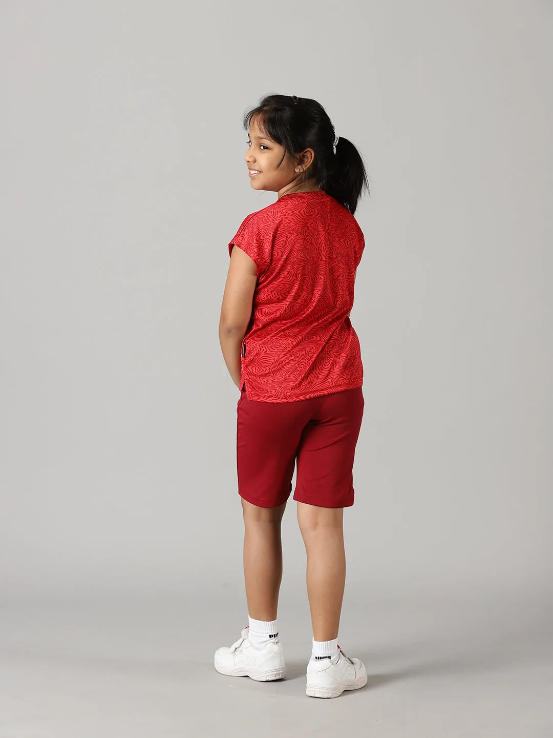 Girls Round Neck Basic Sports Tee & Cycling Shorts  Set