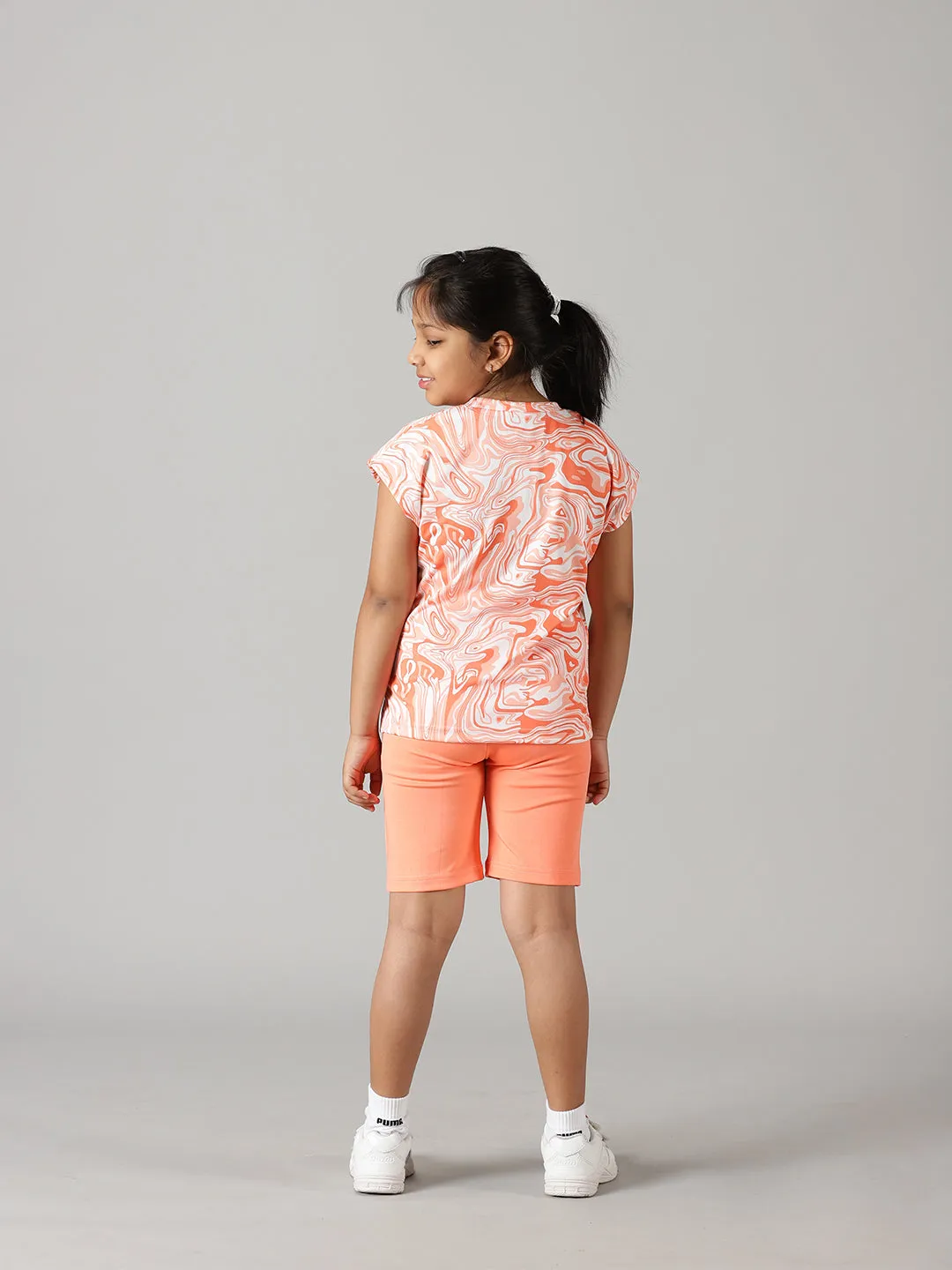 Girls Round Neck Basic Sports Tee & Cycling Shorts  Set
