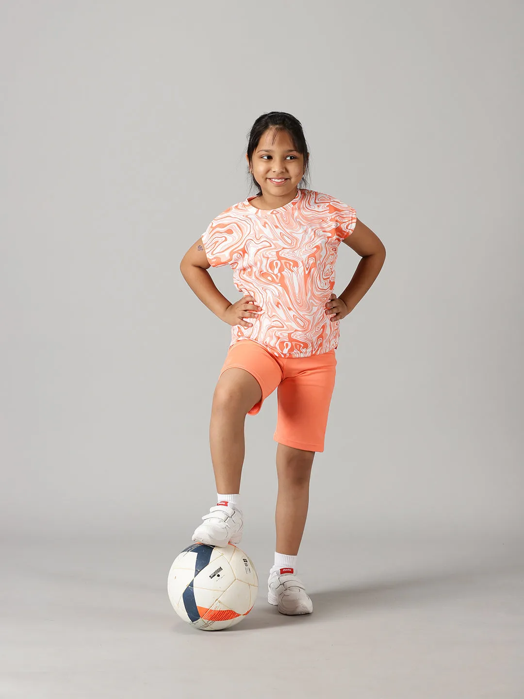 Girls Round Neck Basic Sports Tee & Cycling Shorts  Set