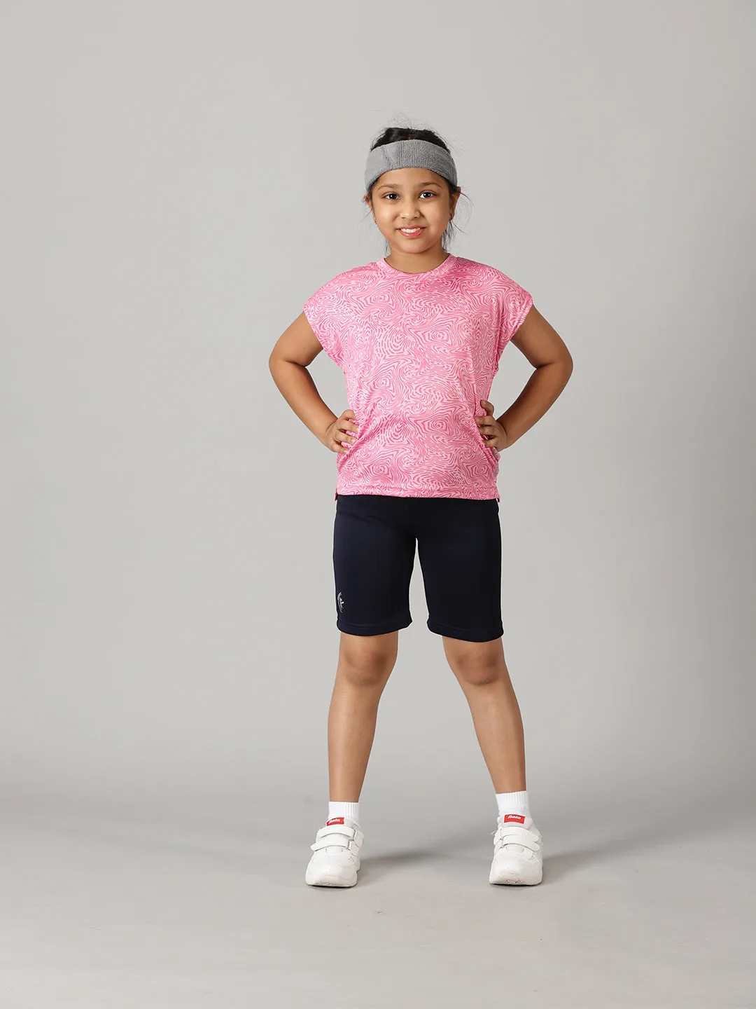 Girls Round Neck Basic Sports Tee & Cycling Shorts  Set