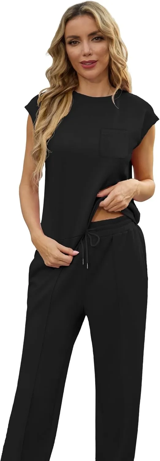 GRECERELLE 2 Piece Sets For Women Summer 2025 Outfits Lounge Sets Sleeveless Sweatsuits Wide Leg Tracksuits With Pockets