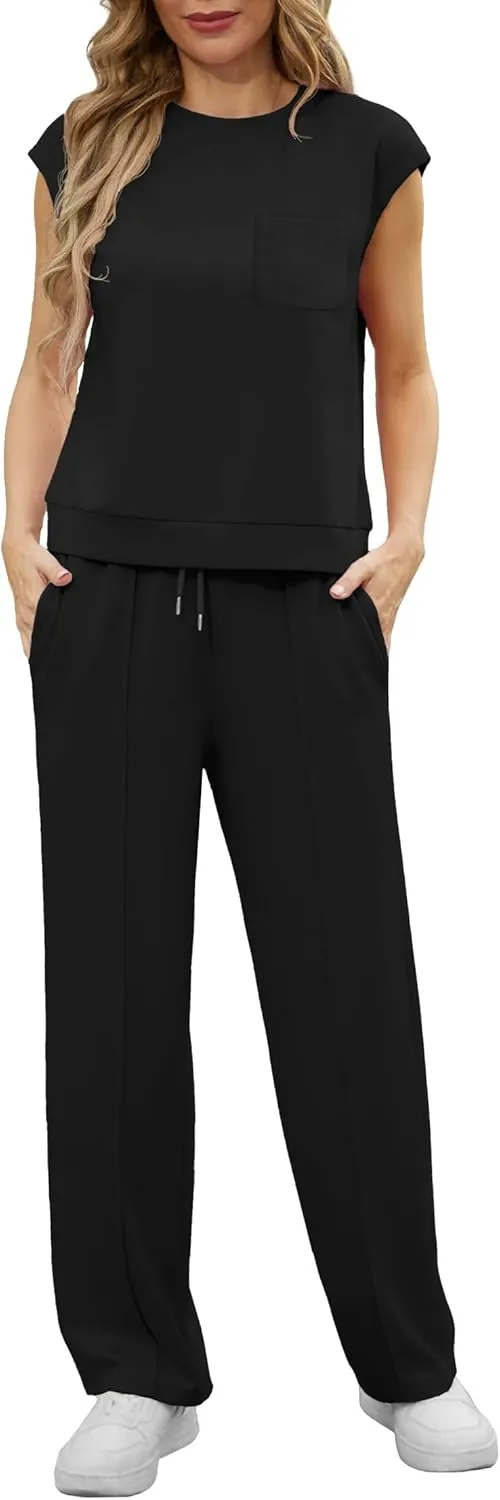 GRECERELLE 2 Piece Sets For Women Summer 2025 Outfits Lounge Sets Sleeveless Sweatsuits Wide Leg Tracksuits With Pockets