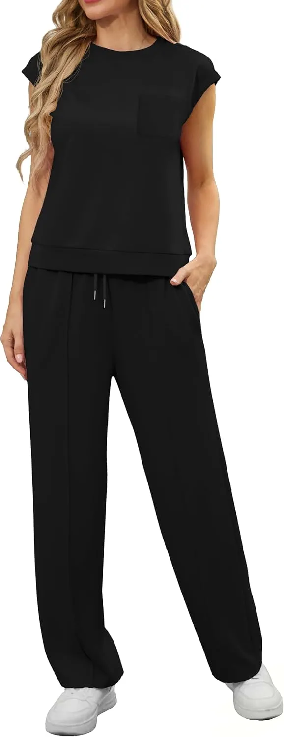 GRECERELLE 2 Piece Sets For Women Summer 2025 Outfits Lounge Sets Sleeveless Sweatsuits Wide Leg Tracksuits With Pockets