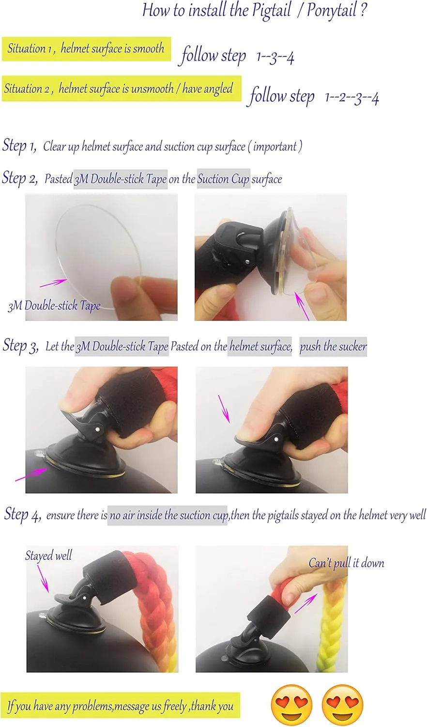 Helmet Pigtails Gradient Ramp Helmet Braids Ponytail Helmet Hair with Suction Cup for Motor Bike 1PCS 24inch (Helmet not Included)