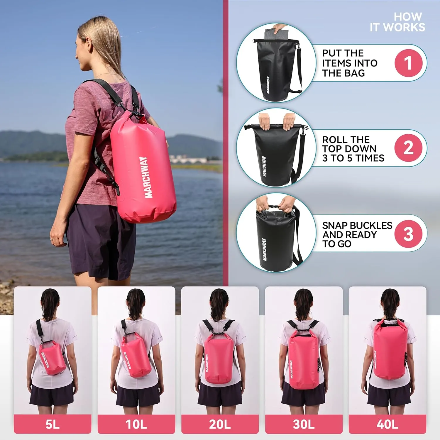 MARCHWAY Floating Waterproof Dry Bag Backpack 5L/10L/20L/30L/40L, Roll Top Sack Keeps Gear Dry for Kayaking, Rafting, Boating, Swimming, Camping, Hiking, Beach, Fishing