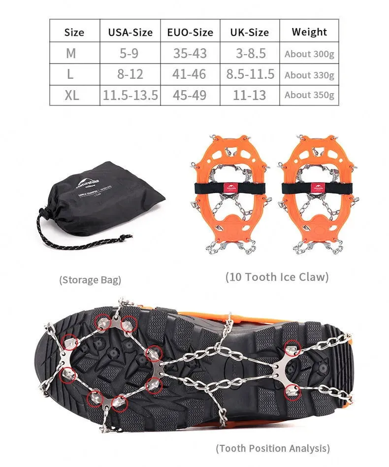 Naturehike Winter Crampons Outdoor Microspikes Ice Snow Walk Anti Slip Boots Bottom for 35-49 Shoes 10/25 Spikes Stainless Steel