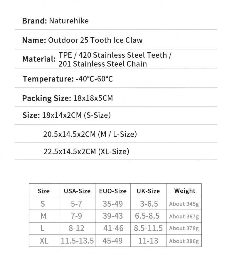 Naturehike Winter Crampons Outdoor Microspikes Ice Snow Walk Anti Slip Boots Bottom for 35-49 Shoes 10/25 Spikes Stainless Steel