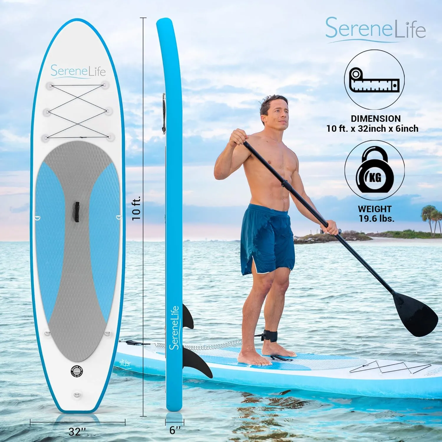 SereneLife Inflatable Stand Up Paddle Board Set - SUP with 32" Wide Stable Design, Includes Detachable Seat, 3-Shaft Paddle, Electric Paddle Board Pump, Non-Slip EVA Deck - 350 lbs Capacity