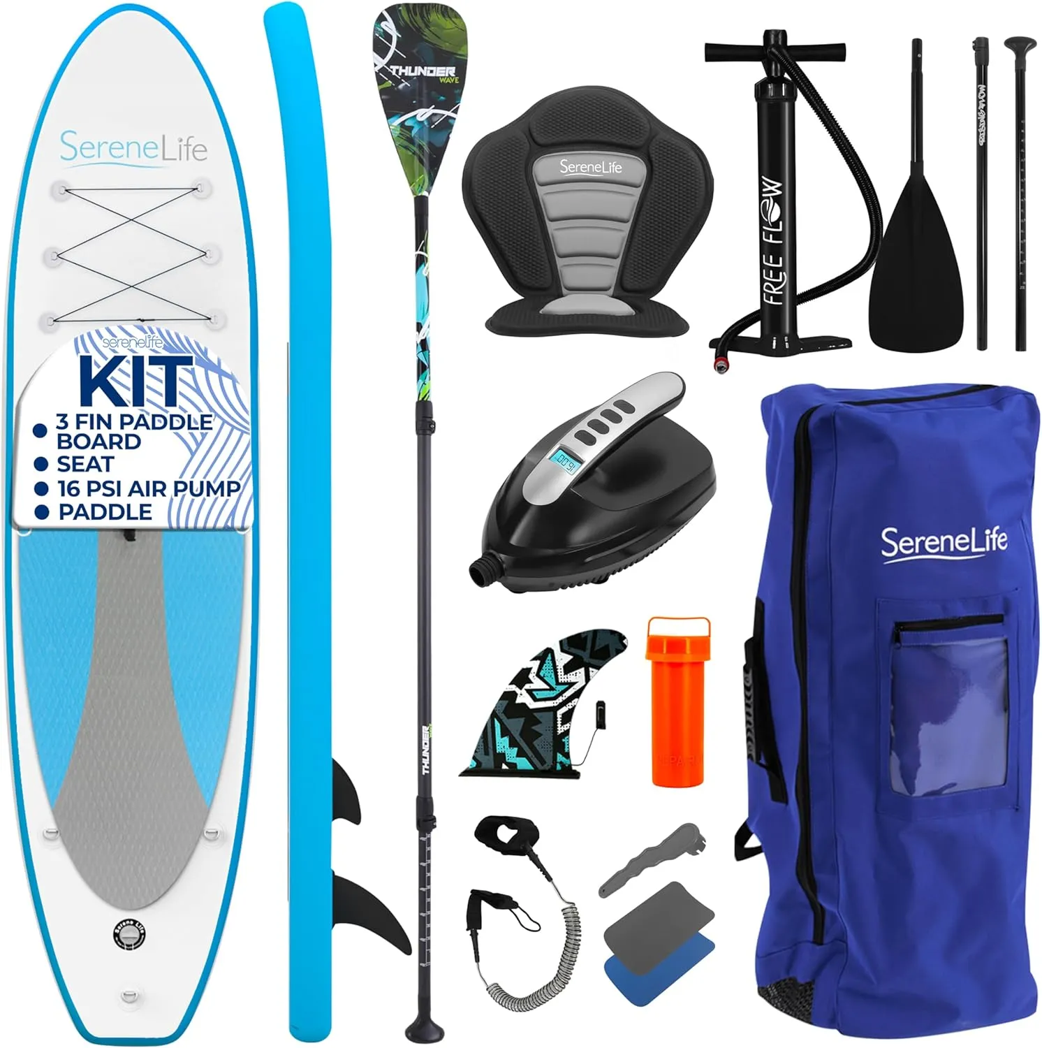 SereneLife Inflatable Stand Up Paddle Board Set - SUP with 32" Wide Stable Design, Includes Detachable Seat, 3-Shaft Paddle, Electric Paddle Board Pump, Non-Slip EVA Deck - 350 lbs Capacity