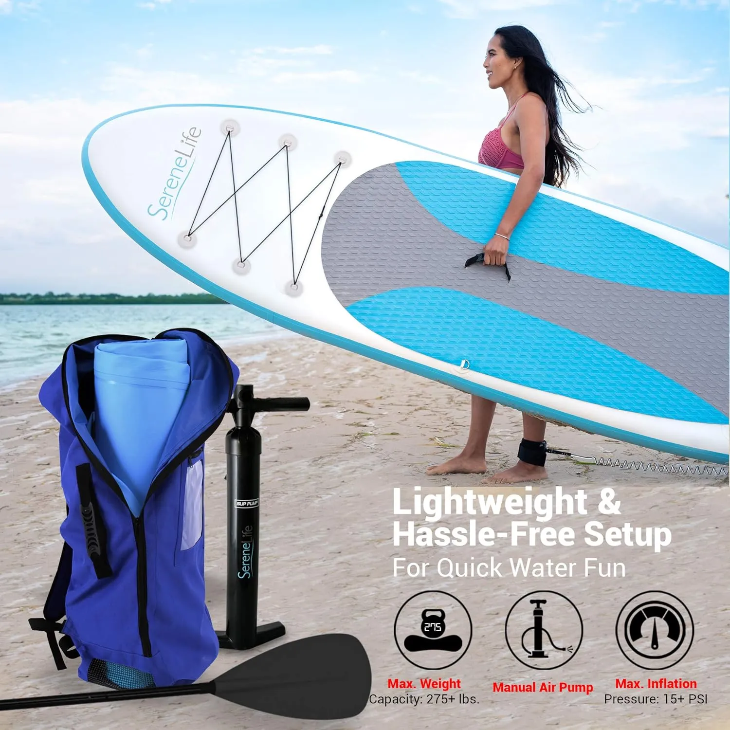 SereneLife Inflatable Stand Up Paddle Board Set - SUP with 32" Wide Stable Design, Includes Detachable Seat, 3-Shaft Paddle, Electric Paddle Board Pump, Non-Slip EVA Deck - 350 lbs Capacity