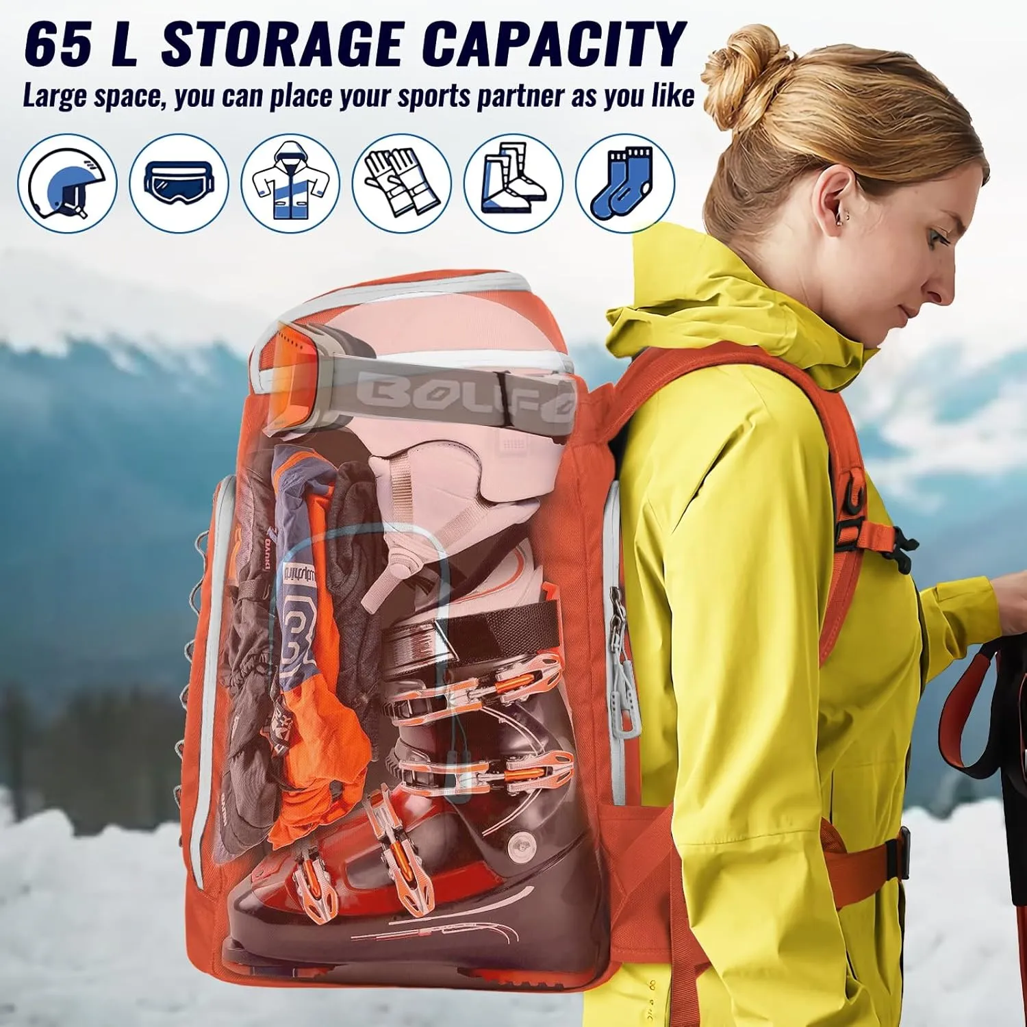 Ski Boot Bag, 65L Ski Boot Bag Backpack 1680D Nylon Waterproof Ski Bag for, Skis Snowboard & Accessories