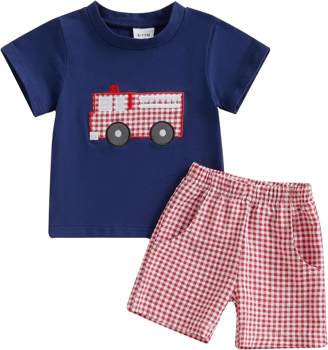 Toddler Baby Boy Summer Outfits Short Sleeve Fire Truck Embroidery T-Shirt   Short Pants 2Pcs Set Casual Clothes
