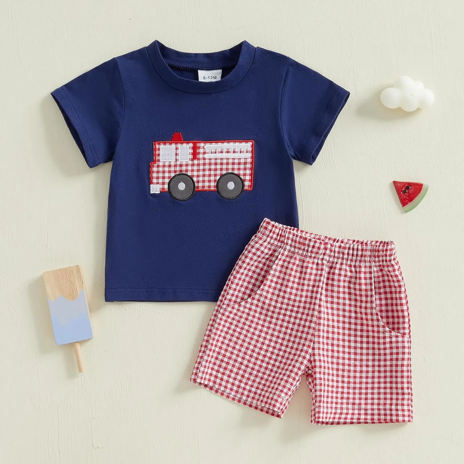 Toddler Baby Boy Summer Outfits Short Sleeve Fire Truck Embroidery T-Shirt   Short Pants 2Pcs Set Casual Clothes