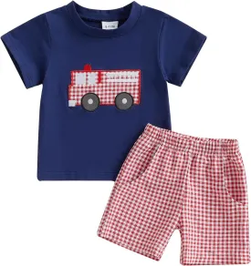 Toddler Baby Boy Summer Outfits Short Sleeve Fire Truck Embroidery T-Shirt   Short Pants 2Pcs Set Casual Clothes